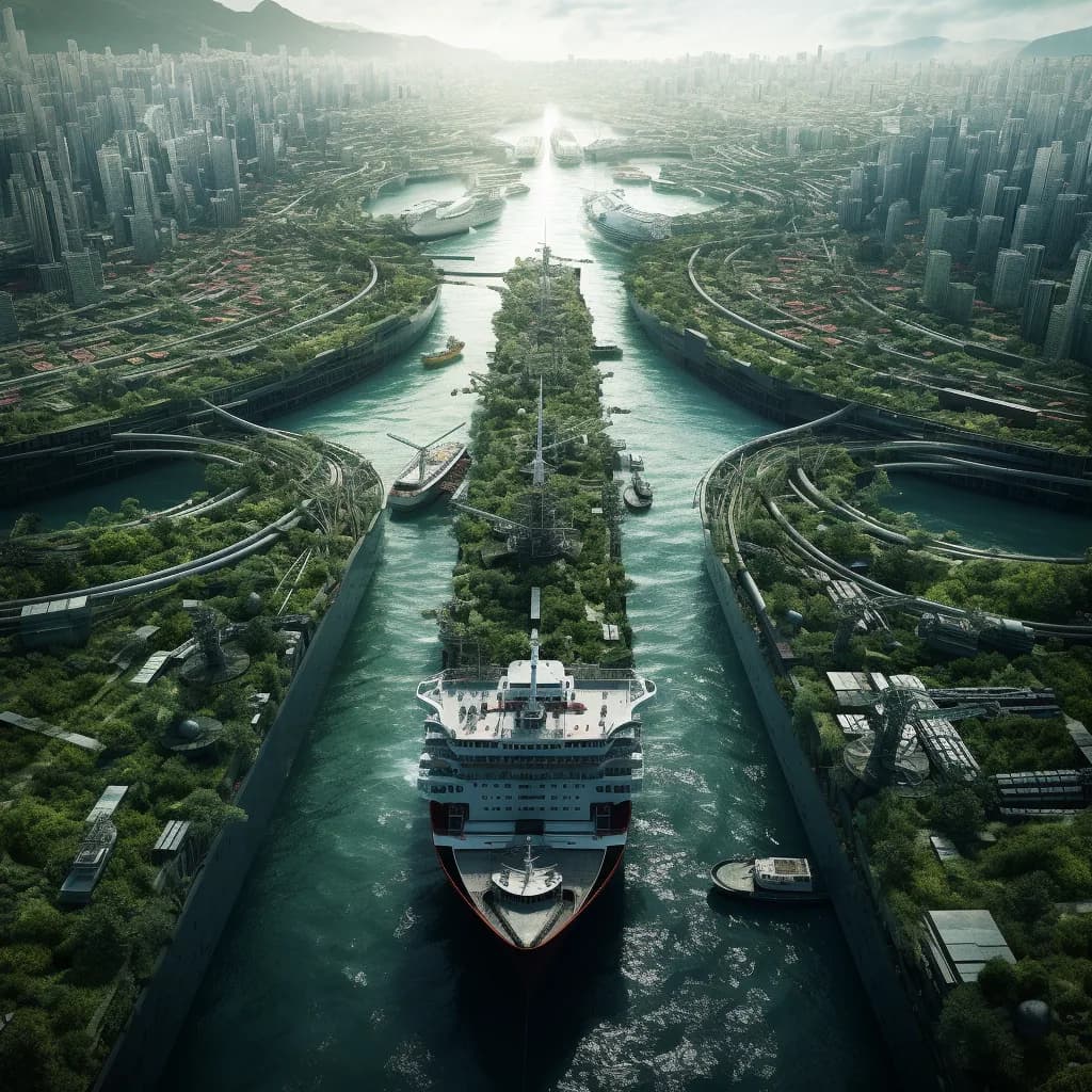 Conceptual ship and green port infrastructure representing Semayang modernisation