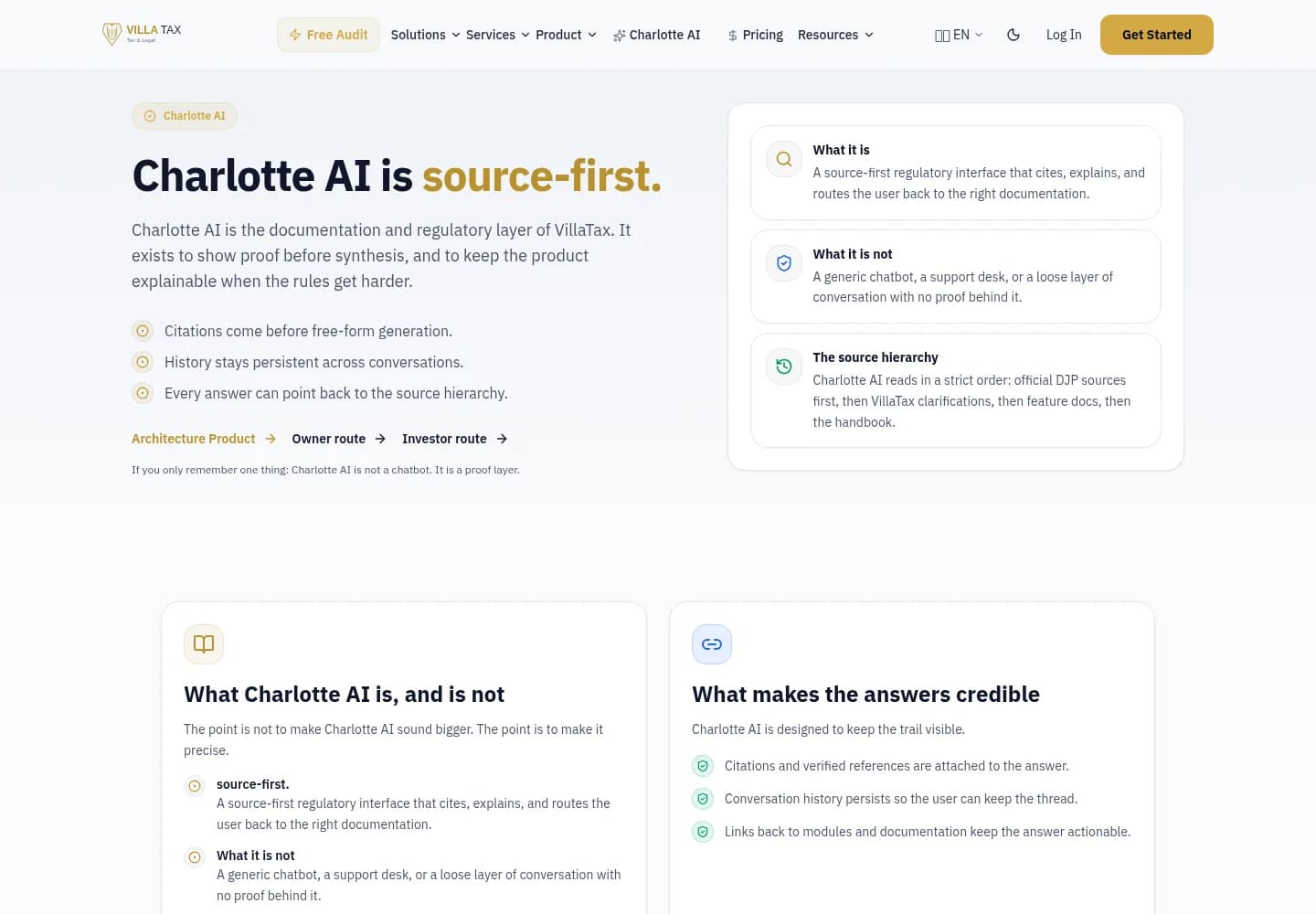 VillaTax Charlotte AI public page explaining its source-first regulatory approach